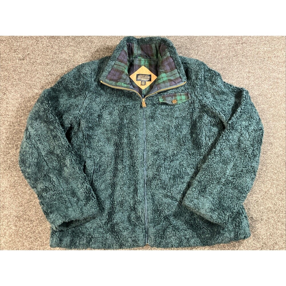 Pendleton Sherpa Teddy Jacket Women Small Blue Tartan Plaid Fleece Full Zip